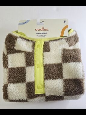 Oodles Brown & Cream Check Sherpa Dog Coat with Yellow Trim